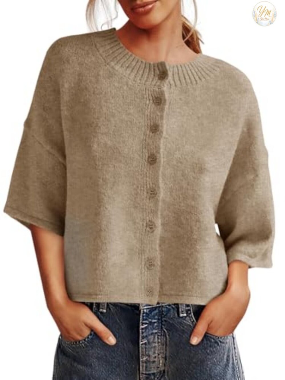 Womens 3/4 Sleeve Cardigan Sweater Button Down Cropped Crewneck Knit Top